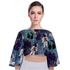 Astronaut Space Galaxy Tie Back Butterfly Sleeve Chiffon Top