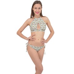 Victorian Flower Labels Cross Front Halter Bikini Set