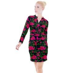 Roses At Night Button Long Sleeve Dress