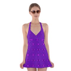 Bold Geometric Purple Circles Halter Dress Swimsuit  by BrightVibesDesign