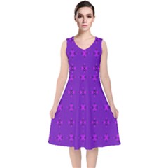 Bold Geometric Purple Circles V-Neck Midi Sleeveless Dress 