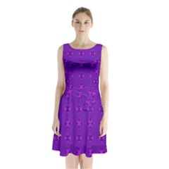 Bold Geometric Purple Circles Sleeveless Waist Tie Chiffon Dress