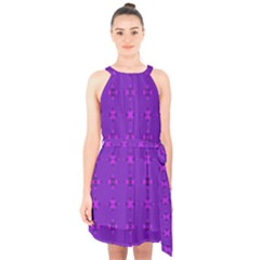 Bold Geometric Purple Circles Halter Collar Waist Tie Chiffon Dress