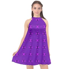 Bold Geometric Purple Circles Halter Neckline Chiffon Dress 