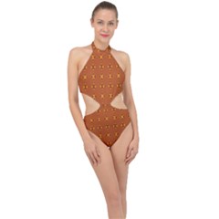 Bold  Geometric Yellow Circles Sm Halter Side Cut Swimsuit