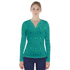 Modern Bold Geometric Green Circles Sm V-neck Long Sleeve Top by BrightVibesDesign