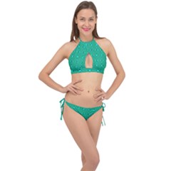 Modern Bold Geometric Green Circles Sm Cross Front Halter Bikini Set