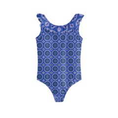 Floral Circles Blue Kids  Frill Swimsuit