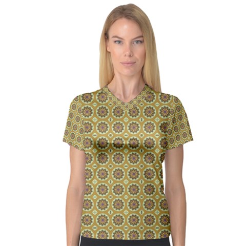 Floral Circles Yellow V-neck Sport Mesh Tee by BrightVibesDesign