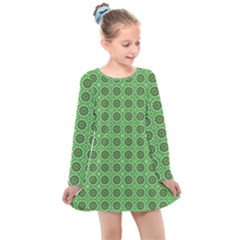 Floral Circles Green Kids  Long Sleeve Dress by BrightVibesDesign