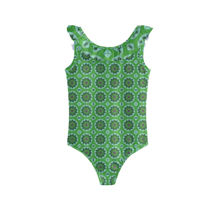 Floral Circles Green Kids  Frill Swimsuit