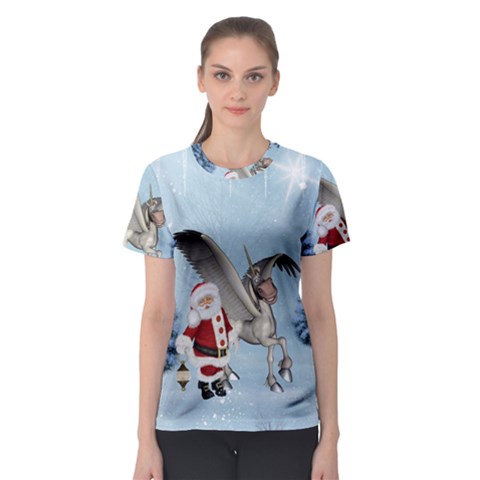 Santa Claus With Cute Pegasus In A Winter Landscape Women s Sport Mesh Tee by FantasyWorld7