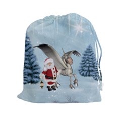 Santa Claus With Cute Pegasus In A Winter Landscape Drawstring Pouch (xxl) by FantasyWorld7