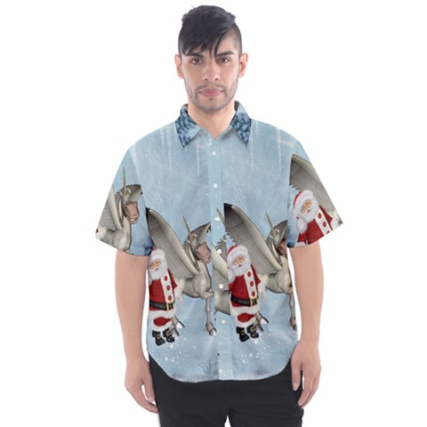 Santa Claus With Cute Pegasus In A Winter Landscape Men s Short Sleeve Shirt by FantasyWorld7