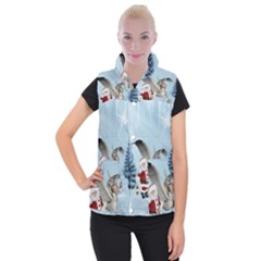 Santa Claus With Cute Pegasus In A Winter Landscape Women s Button Up Vest by FantasyWorld7