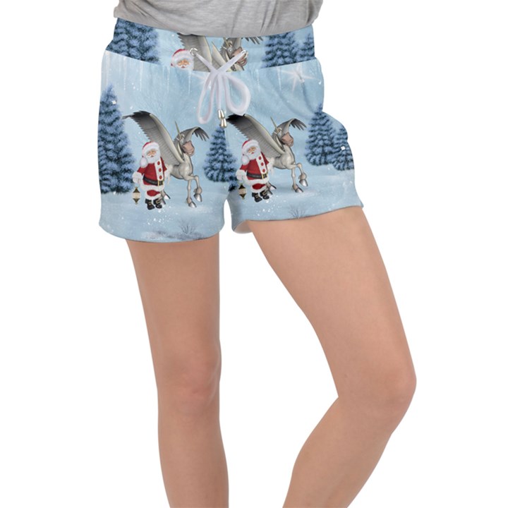 Santa Claus With Cute Pegasus In A Winter Landscape Women s Velour Lounge Shorts