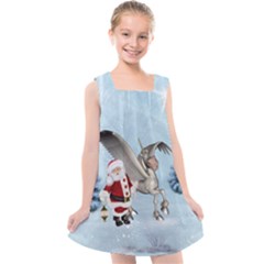 Santa Claus With Cute Pegasus In A Winter Landscape Kids  Cross Back Dress