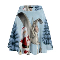 Santa Claus With Cute Pegasus In A Winter Landscape High Waist Skirt by FantasyWorld7