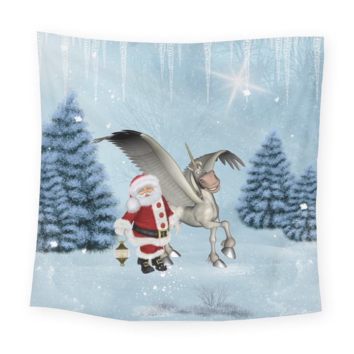 Santa Claus With Cute Pegasus In A Winter Landscape Square Tapestry (Large)