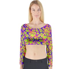 Officially Sexy Olive Green Pink Yellow & Purple Cracked Pattern Long Sleeve Crop Top (tight Fit)