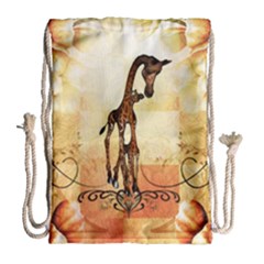 Cute Giraffe Mum With Funny Giraffe Baby Drawstring Bag (large) by FantasyWorld7