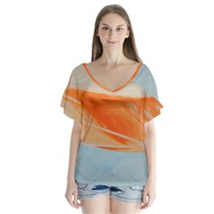 Orange And Blue V-neck Flutter Sleeve Top by WILLBIRDWELL