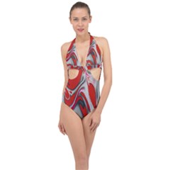 Elegant Red Swirls By Flipstylez Designs Halter Front Plunge Swimsuit by flipstylezfashionsLLC