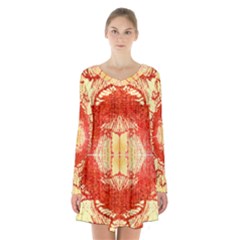 Seamless Red And Gold By Flipstylez Designs Long Sleeve Velvet V-neck Dress