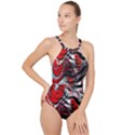 Retro Red swirl design By FlipStylez Designs High Neck One Piece Swimsuit View1