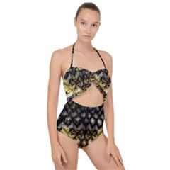 Black Zig Zag Blurred On Gold Crush Flowers By Flipstylez Designs Scallop Top Cut Out Swimsuit by flipstylezfashionsLLC