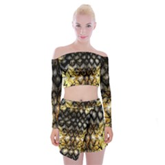 Black Zig Zag Blurred On Gold Crush Flowers By Flipstylez Designs Off Shoulder Top With Mini Skirt Set by flipstylezfashionsLLC