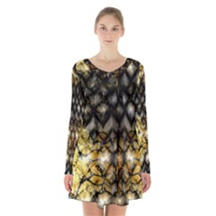 Black Zig Zag Blurred On Gold Crush Flowers By Flipstylez Designs Long Sleeve Velvet V-neck Dress