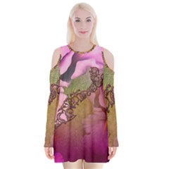 Flowers In Soft Violet Colors Velvet Long Sleeve Shoulder Cutout Dress by FantasyWorld7