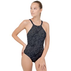 Black Rectangle Wallpaper Grey High Neck One Piece Swimsuit by Nexatart