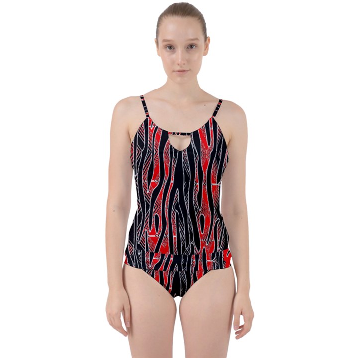 Blackandredswirldesignflipbigger Cut Out Top Tankini Set