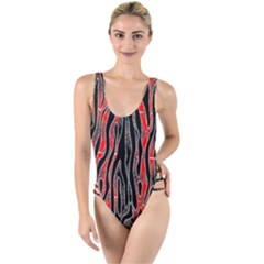 Blackandredswirldesignflipbigger High Leg Strappy Swimsuit