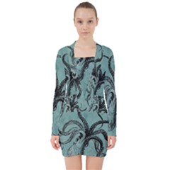 Vintage Octopus  V-neck Bodycon Long Sleeve Dress by Valentinaart