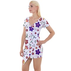 Flowers Pattern Texture Nature Short Sleeve Asymmetric Mini Dress