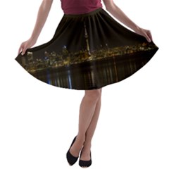 City River Water Cityscape Skyline A-line Skater Skirt by Nexatart