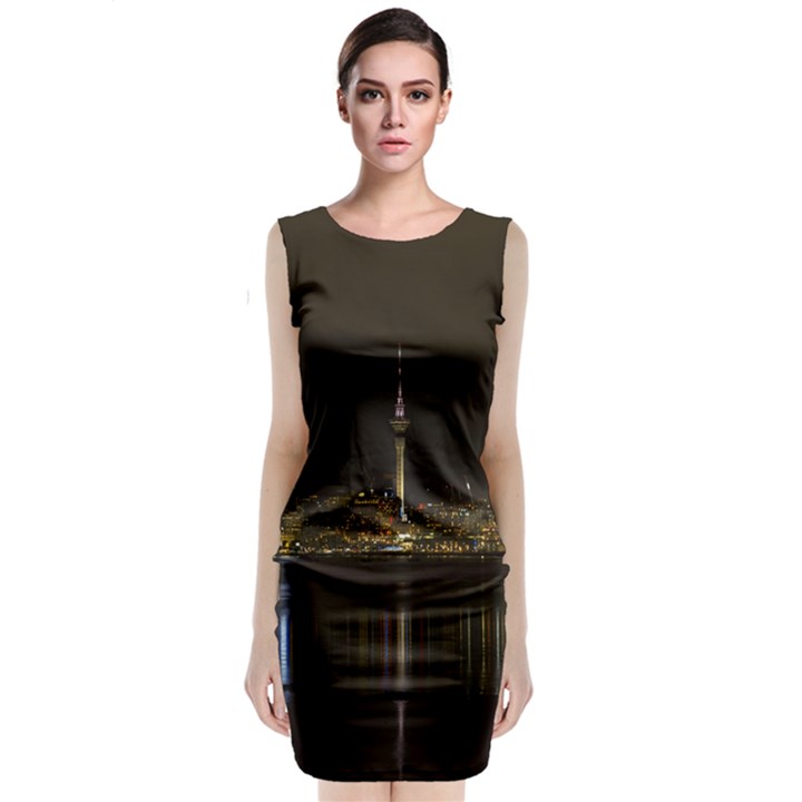 City River Water Cityscape Skyline Sleeveless Velvet Midi Dress