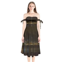 City River Water Cityscape Skyline Shoulder Tie Bardot Midi Dress