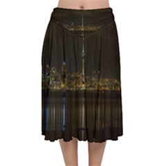 City River Water Cityscape Skyline Velvet Flared Midi Skirt