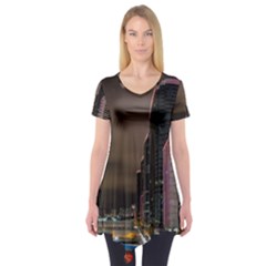 Hong Kong At Night Skyline Short Sleeve Tunic  by Nexatart