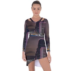 Hong Kong At Night Skyline Asymmetric Cut-out Shift Dress