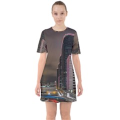 Hong Kong At Night Skyline Sixties Short Sleeve Mini Dress