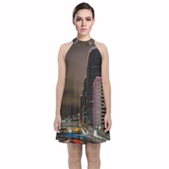 Hong Kong At Night Skyline Velvet Halter Neckline Dress 