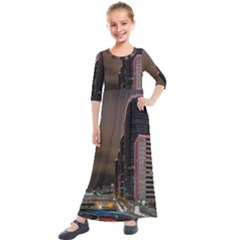 Hong Kong At Night Skyline Kids  Quarter Sleeve Maxi Dress