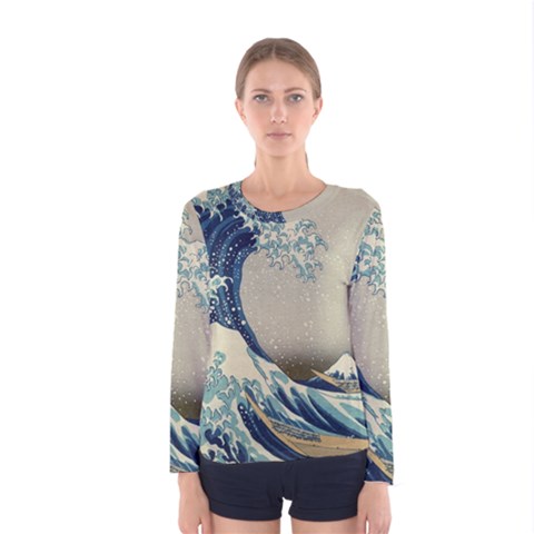 The Classic Japanese Great Wave Off Kanagawa By Hokusai Women s Long Sleeve Tee by PodArtist