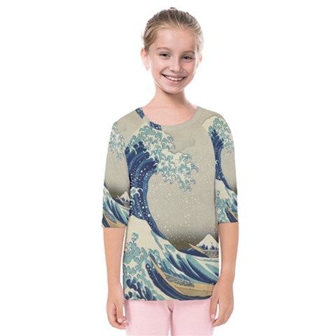 The Classic Japanese Great Wave Off Kanagawa By Hokusai Kids  Quarter Sleeve Raglan Tee by PodArtist