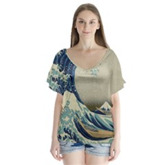 The Classic Japanese Great Wave Off Kanagawa By Hokusai V-neck Flutter Sleeve Top by PodArtist